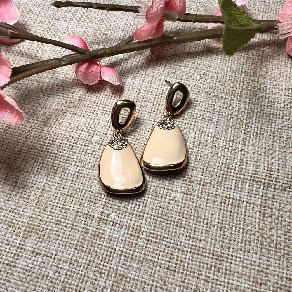 Gold and White Vintage Enamel Grandma-Style Drop Earrings with Crystals